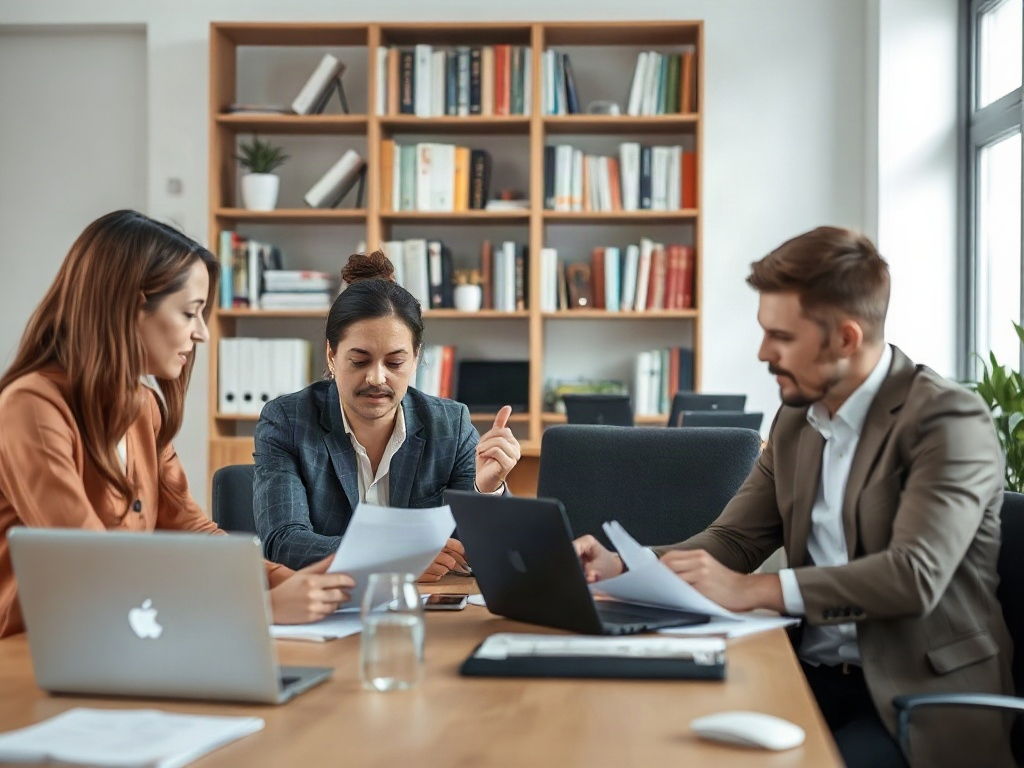 Documentary photo of a small consulting team in a modern but unpretentious Berlin office