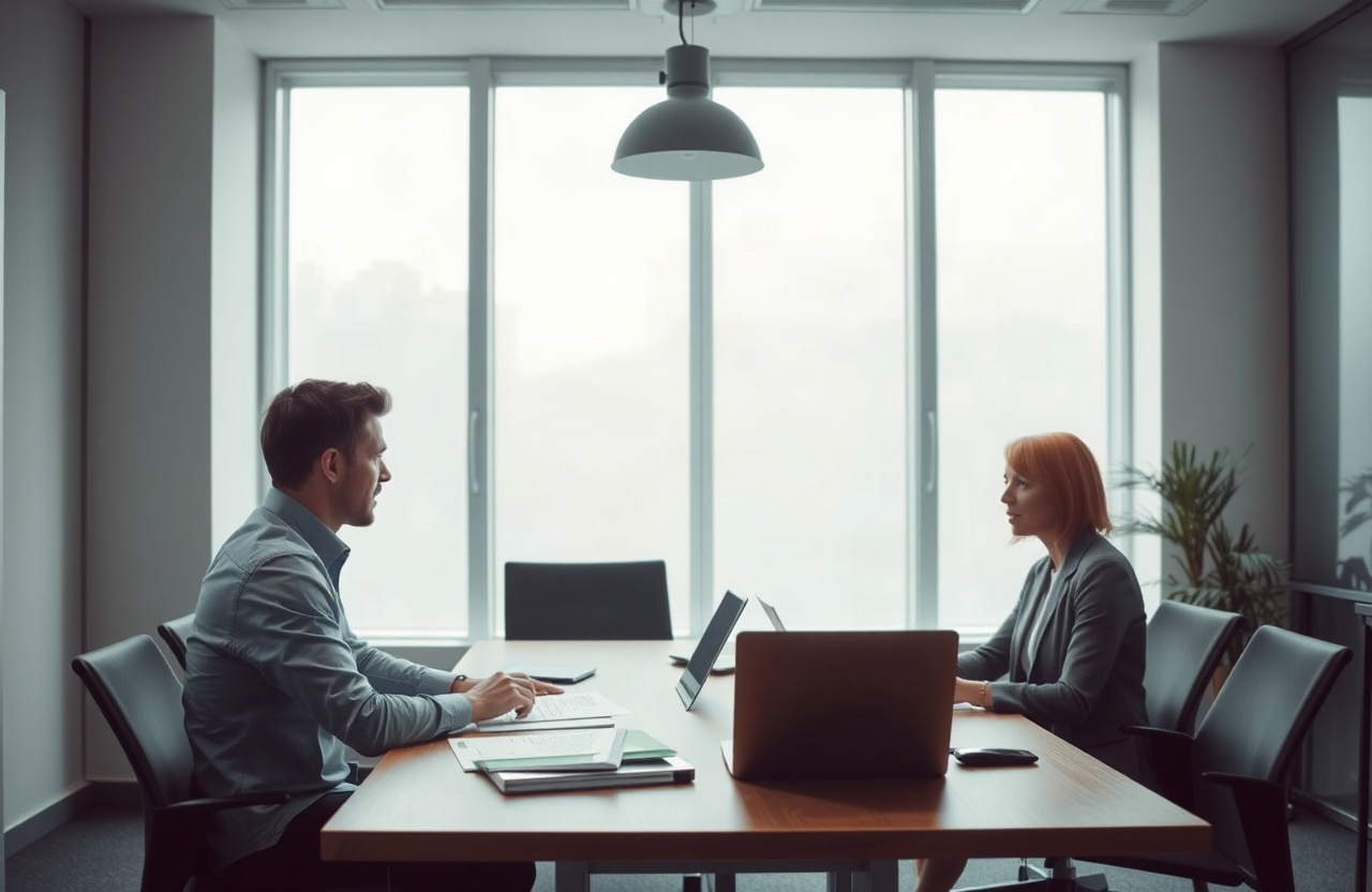 Documentary photo of a quiet meeting room in a mid-sized Berlin office building